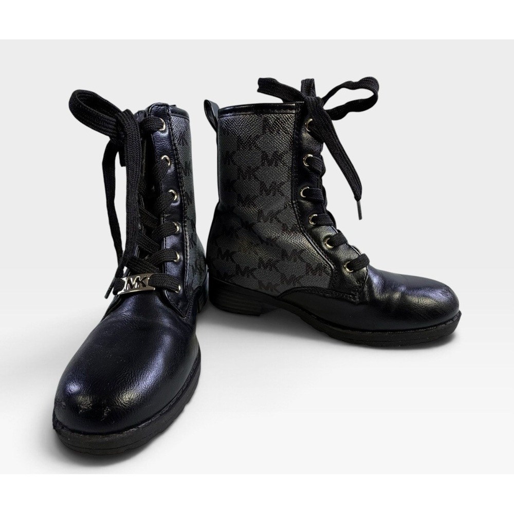 Michael Kors Kids Laurinda Lace Up Zip Combat Boots Black MK Logo Size 13 Youth